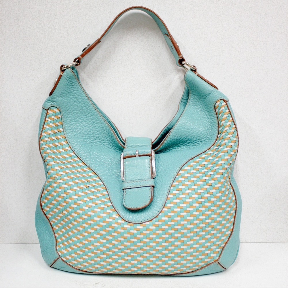 Vintage Michael Kors Hobo Shoulder Bag Woven Turquoise Leather Purse & Dust Bag - Picture 5 of 14